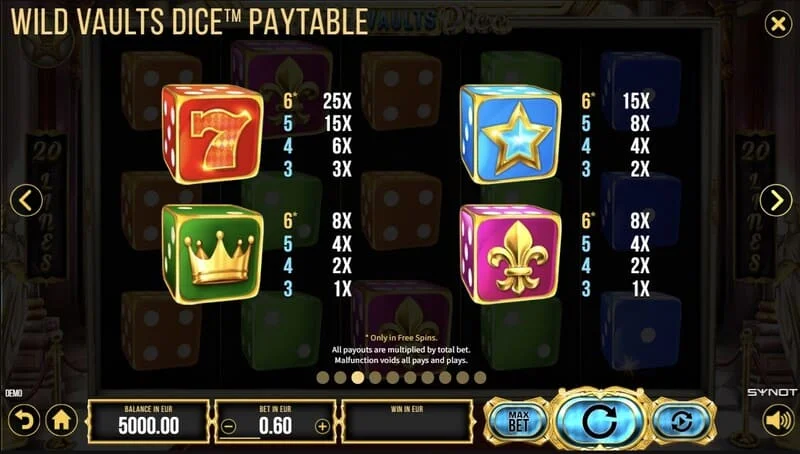 Wild Vaults Dice - et 6x3 rutenett i bonusrunden med en avalanche/kaskade